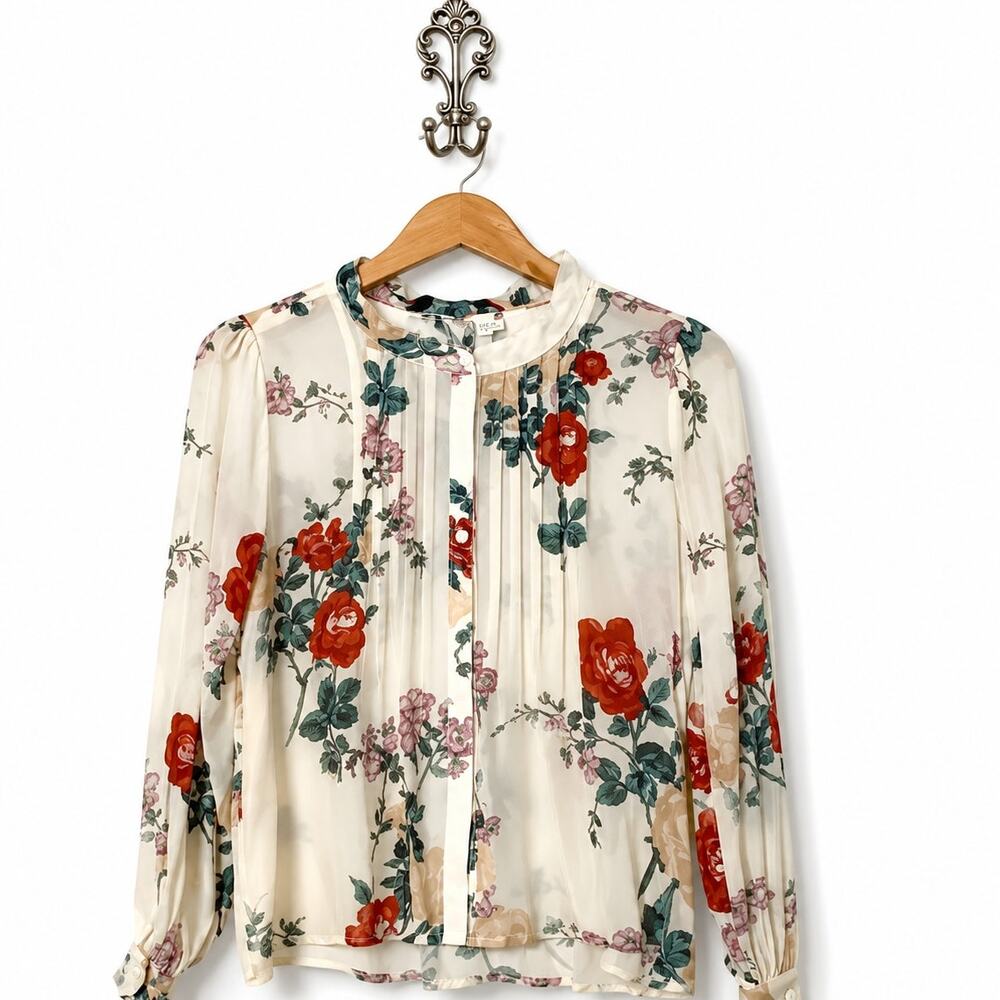 Kivari Small Floral Chiffon Blouse Pleated Ruffle Neck Long Sleeve Romantic